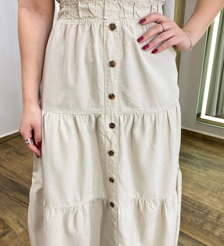 Saia Midi Feminina em Camadas com Botões Falsos Creme 062622 - Fernanda Ramos Store