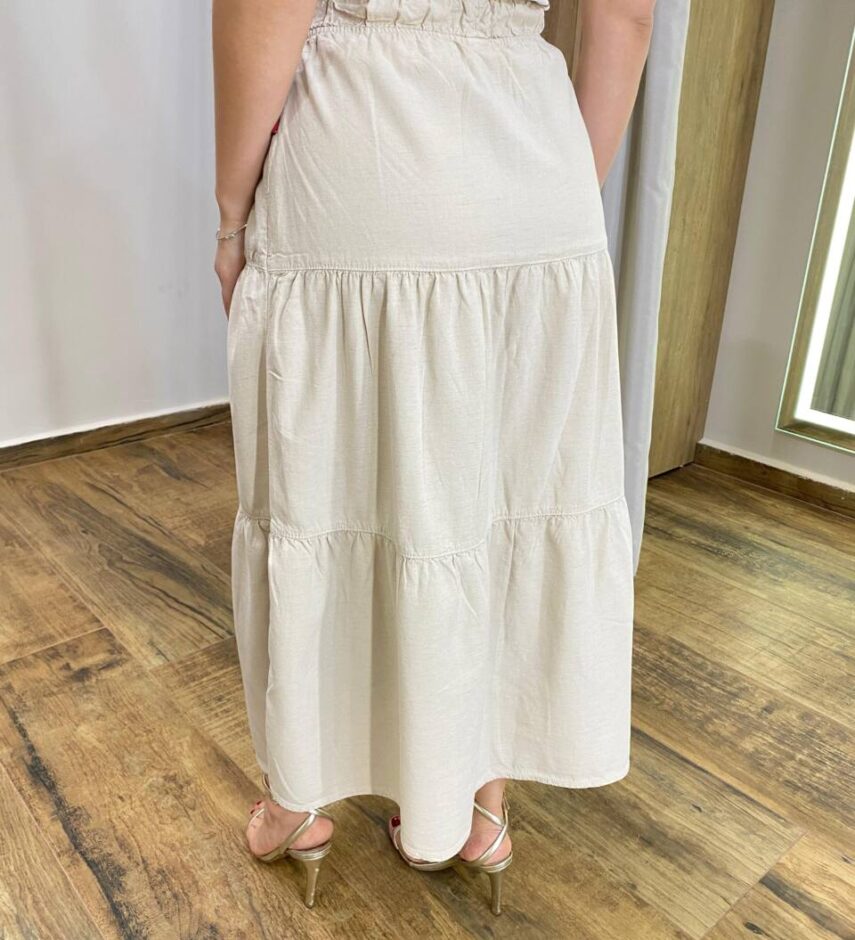 Saia Midi Feminina em Camadas com Botões Falsos Creme 062622 - Fernanda Ramos Store