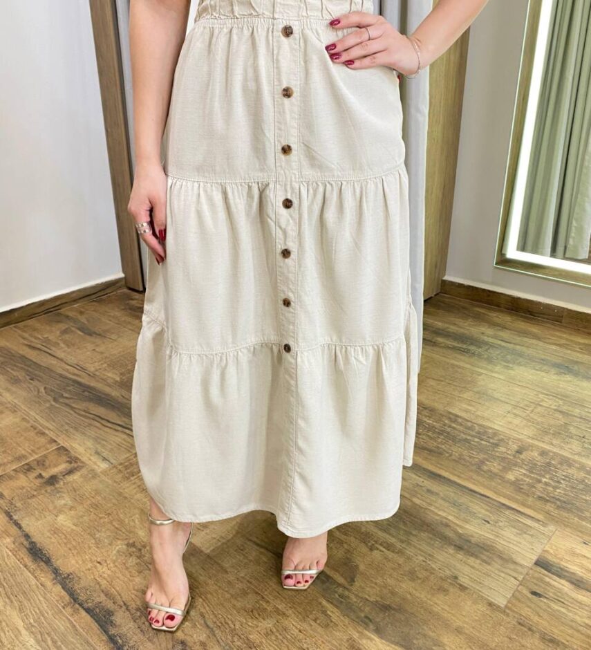 Saia Midi Feminina em Camadas com Botões Falsos Creme 062622 - Fernanda Ramos Store