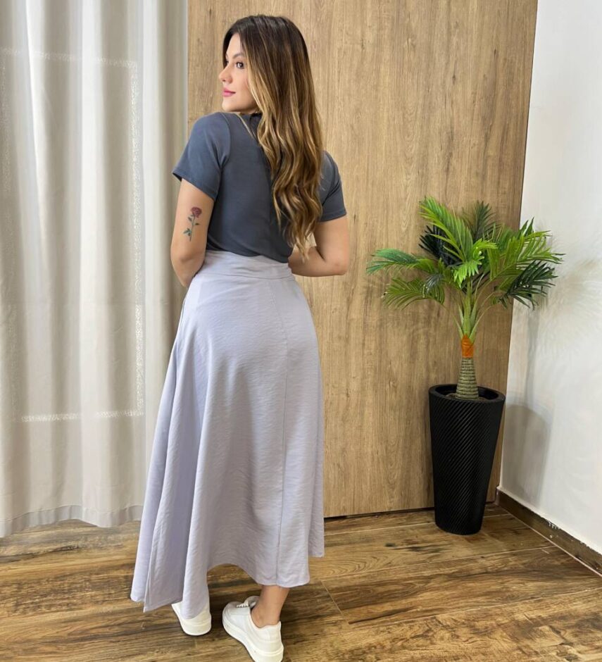 Saia Midi Feminina Manuela Alfaiataria Cinza com Amarração - Fernanda Ramos Store