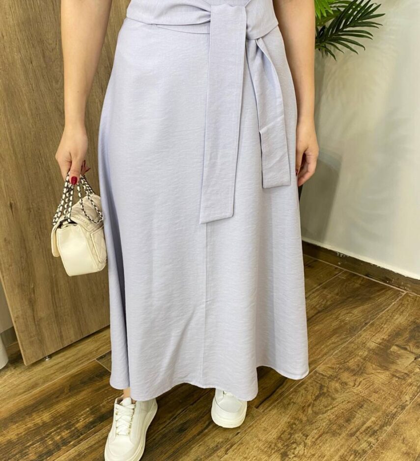 Saia Midi Feminina Manuela Alfaiataria Cinza com Amarração - Fernanda Ramos Store