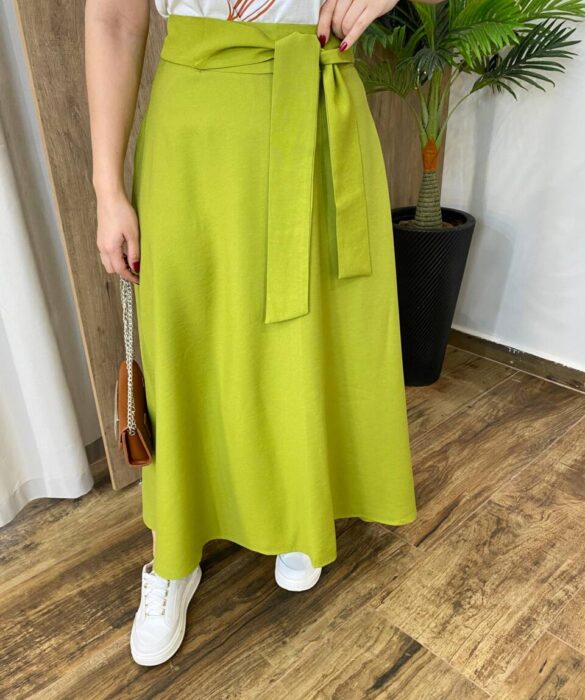 Saia Midi Feminina Manuela Alfaiataria Verde Pistache com Amarração - Fernanda Ramos Store