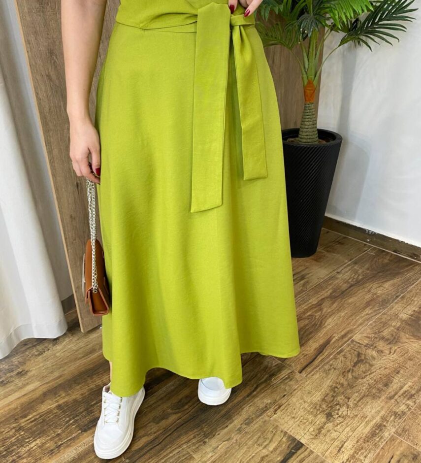 Saia Midi Feminina Manuela Alfaiataria Verde Pistache com Amarração - Fernanda Ramos Store