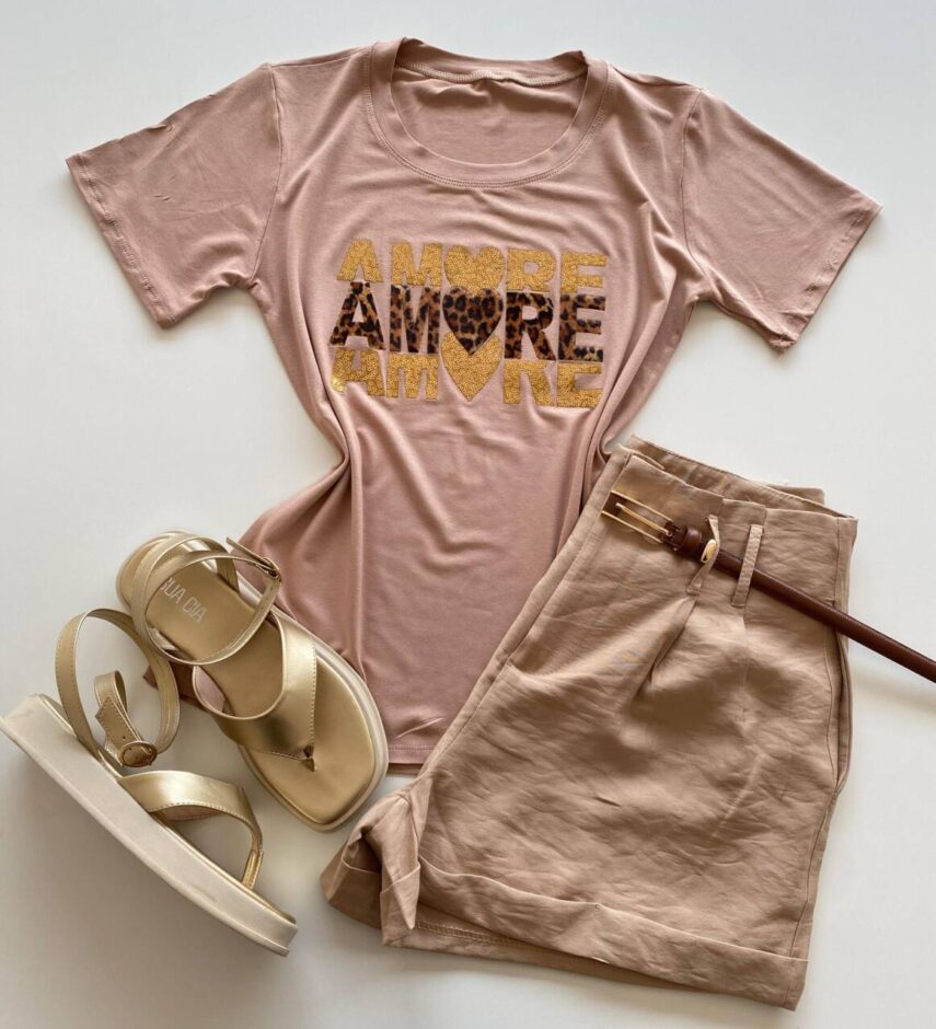 T-shirt Feminina Manga Curta Amore Bege Escuro - Fernanda Ramos Store