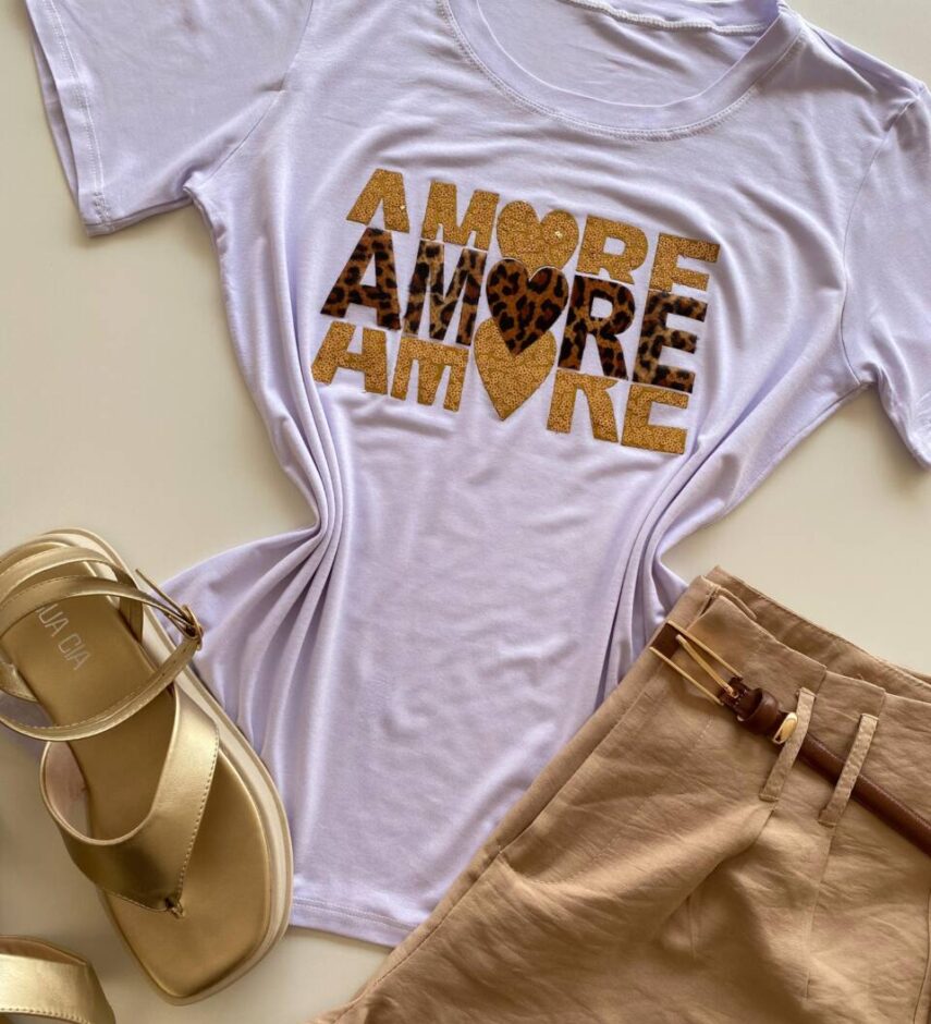 T-shirt Feminina Manga Curta Amore Branca - Fernanda Ramos Store