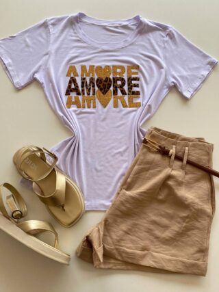 T-shirt Feminina Manga Curta Amore Branca - Fernanda Ramos Store