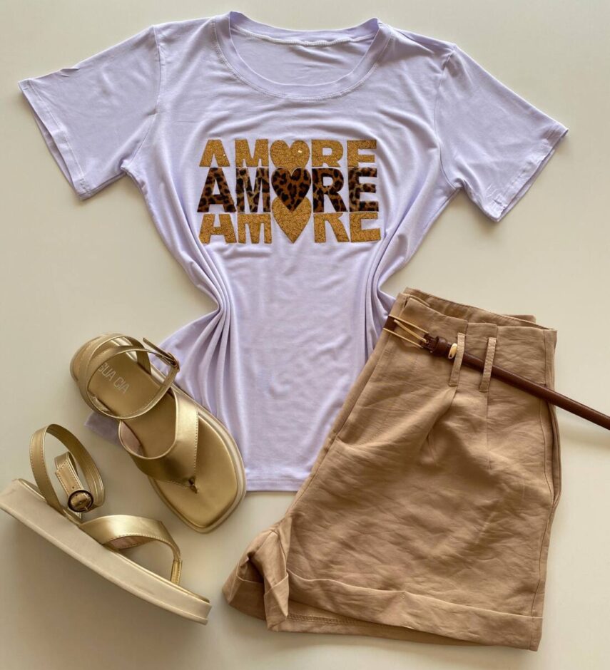 T-shirt Feminina Manga Curta Amore Branca - Fernanda Ramos Store