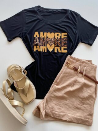 T-shirt Feminina Manga Curta Amore Preta - Fernanda Ramos Store