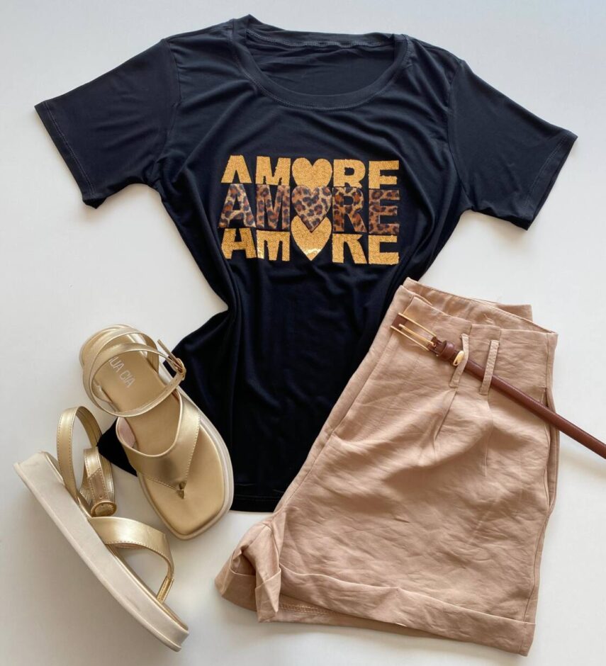 T-shirt Feminina Manga Curta Amore Preta - Fernanda Ramos Store