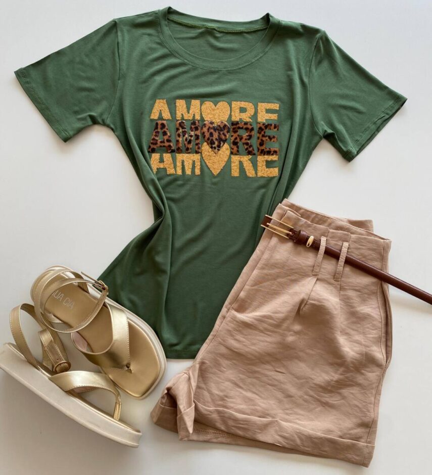 T-shirt Feminina Manga Curta Amore Verde - Fernanda Ramos Store