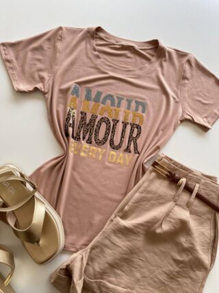 T-shirt Feminina Manga Curta Amour Every Day Bege Escuro - Fernanda Ramos Store