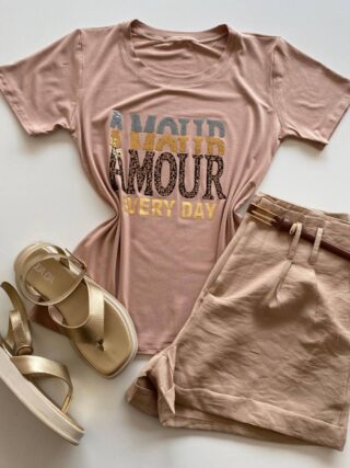 T-shirt Feminina Manga Curta Amour Every Day Bege Escuro - Fernanda Ramos Store