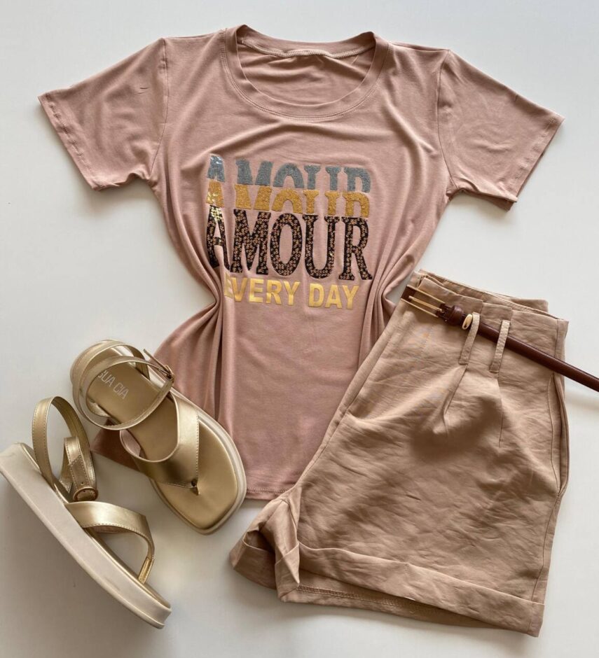 T-shirt Feminina Manga Curta Amour Every Day Bege Escuro - Fernanda Ramos Store