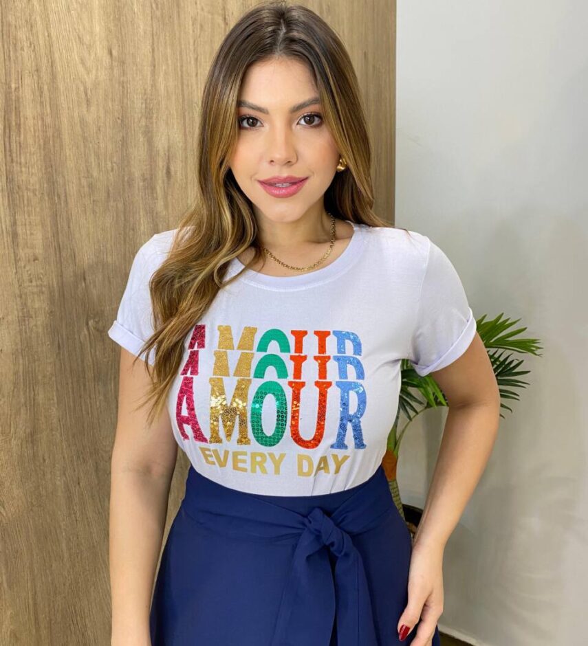 T-shirt Feminina Manga Curta Amour Every Day Branca - Fernanda Ramos Store