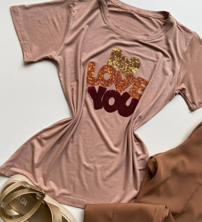 T-shirt Feminina Manga Curta Bege Escuro I Love You - Fernanda Ramos Store
