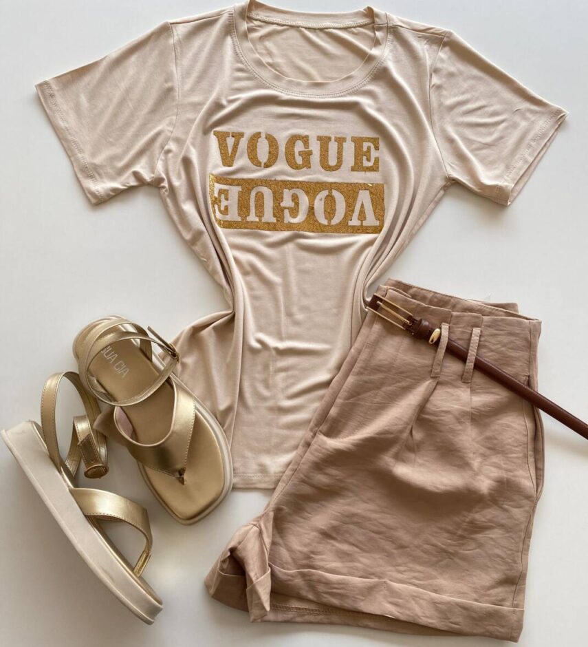 T-shirt Feminina Manga Curta Bege Estampada - Fernanda Ramos Store