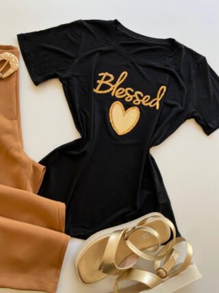 T-shirt Feminina Manga Curta Blessed Preta - Fernanda Ramos Store