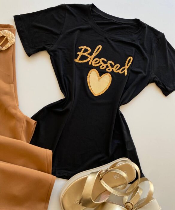 T-shirt Feminina Manga Curta Blessed Preta - Fernanda Ramos Store