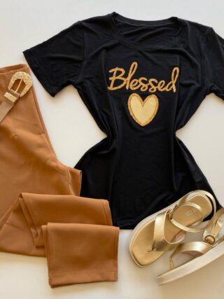 T-shirt Feminina Manga Curta Blessed Preta - Fernanda Ramos Store