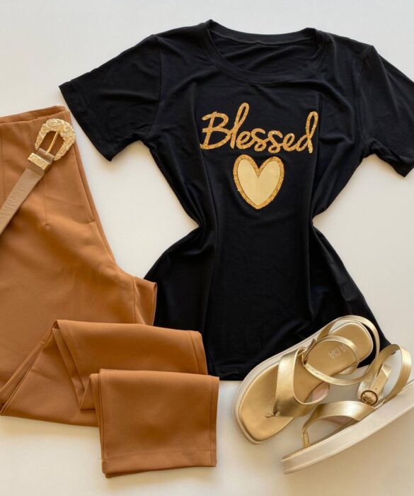 T-shirt Feminina Manga Curta Blessed Preta - Fernanda Ramos Store