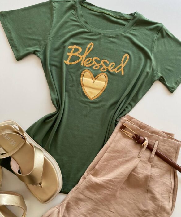 T-shirt Feminina Manga Curta Blessed Verde - Fernanda Ramos Store