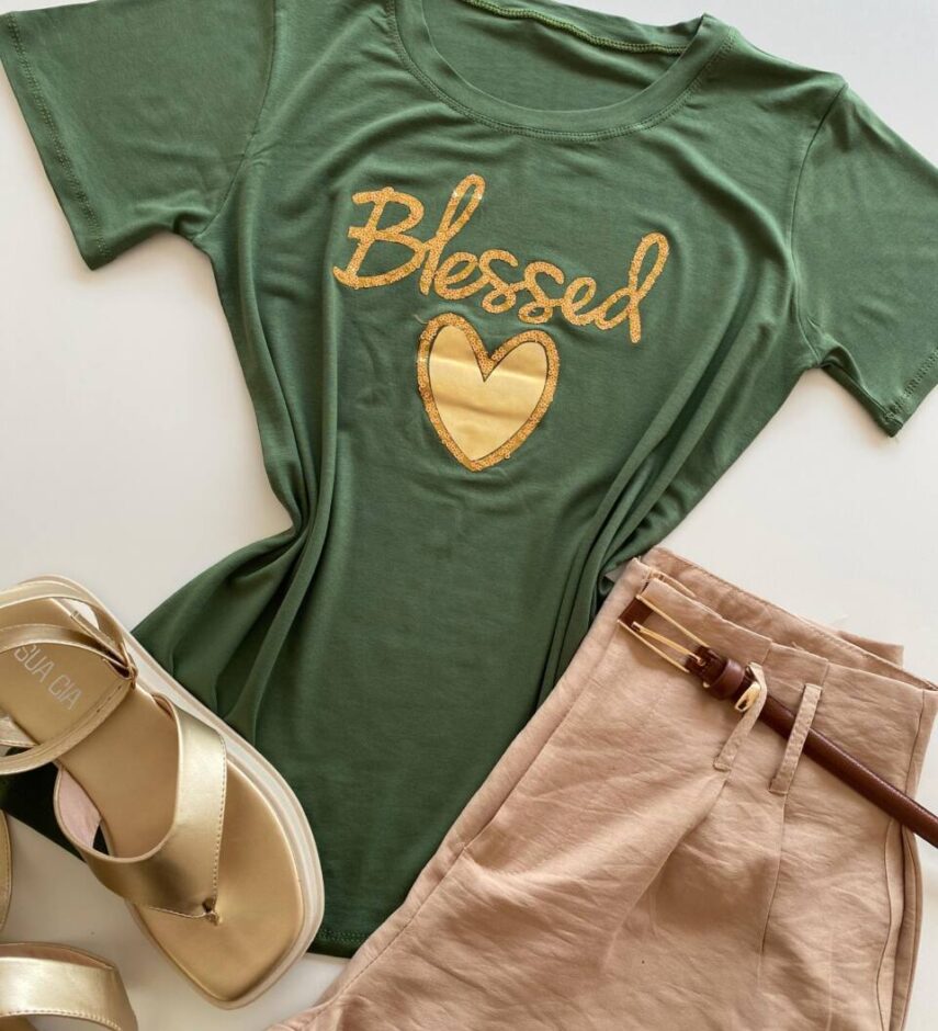 T-shirt Feminina Manga Curta Blessed Verde - Fernanda Ramos Store