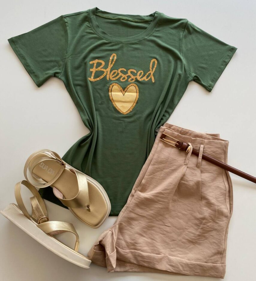 T-shirt Feminina Manga Curta Blessed Verde - Fernanda Ramos Store