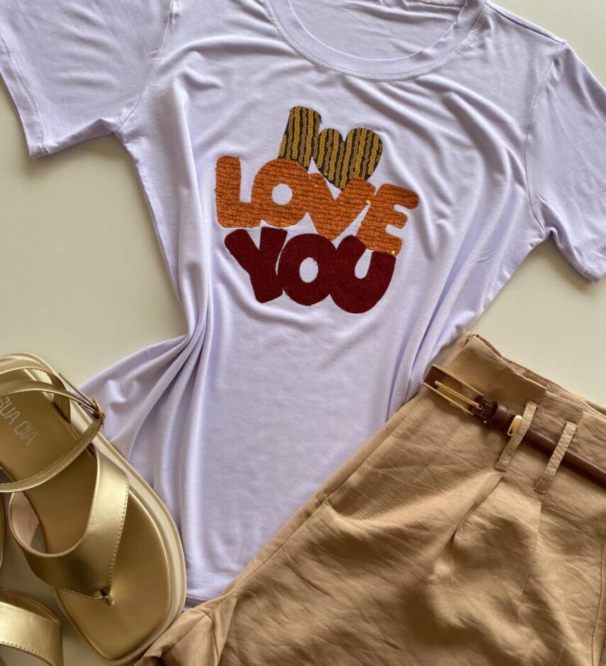 T-shirt Feminina Manga Curta Branca I Love You - Fernanda Ramos Store