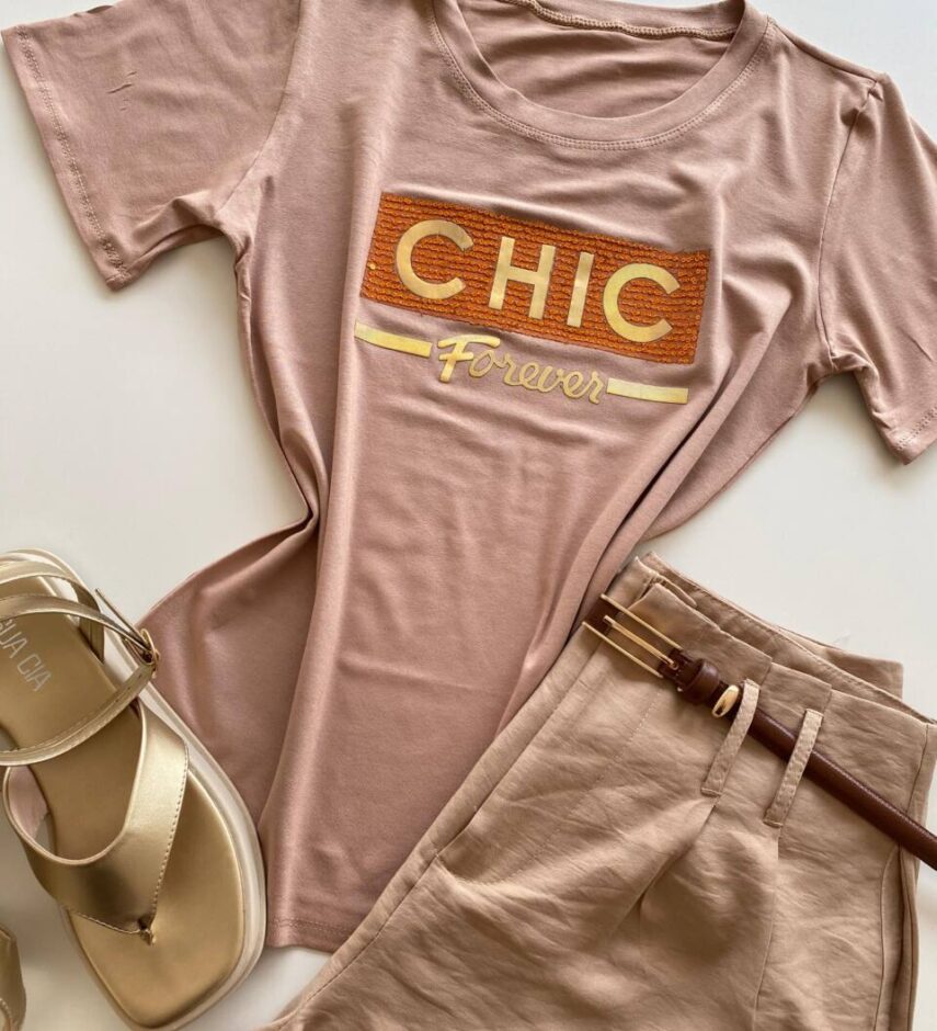 T-shirt Feminina Manga Curta Chic Forever Bege Escuro - Fernanda Ramos Store
