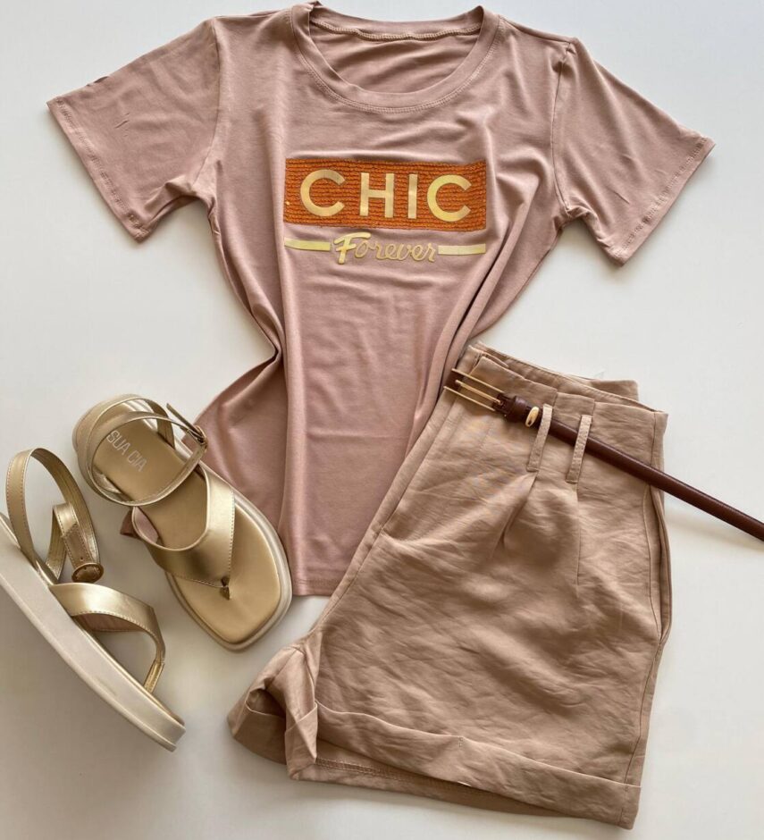 T-shirt Feminina Manga Curta Chic Forever Bege Escuro - Fernanda Ramos Store