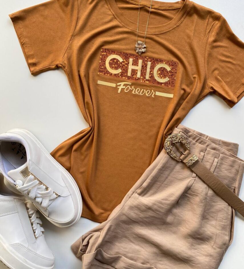 T-shirt Feminina Manga Curta Chic Forever Caramelo - Fernanda Ramos Store