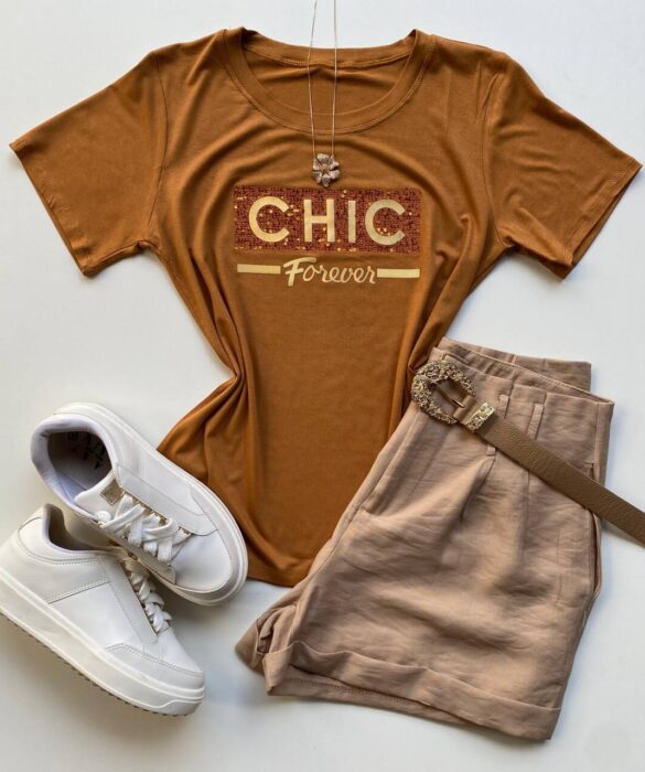 T-shirt Feminina Manga Curta Chic Forever Caramelo - Fernanda Ramos Store