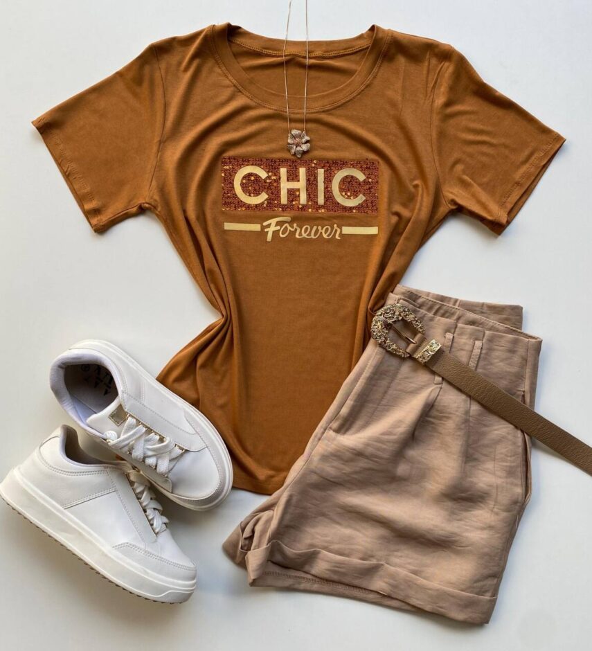 T-shirt Feminina Manga Curta Chic Forever Caramelo - Fernanda Ramos Store