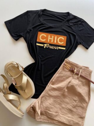 T-shirt Feminina Manga Curta Chic Forever Preta - Fernanda Ramos Store