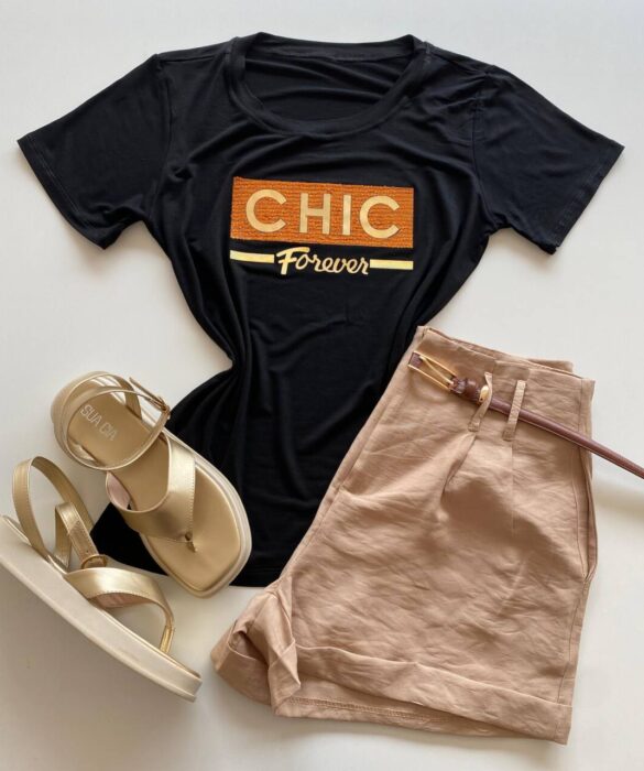 T-shirt Feminina Manga Curta Chic Forever Preta - Fernanda Ramos Store