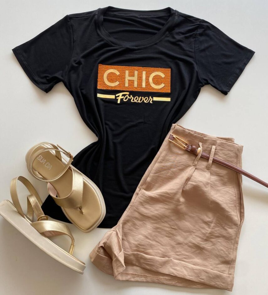 T-shirt Feminina Manga Curta Chic Forever Preta - Fernanda Ramos Store