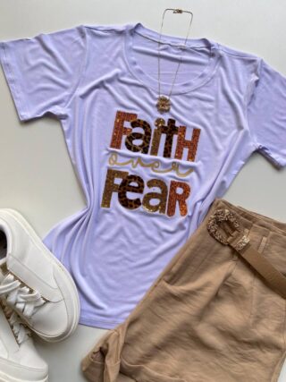 T-shirt Feminina Manga Curta Faith Over Fear Branca - Fernanda Ramos Store