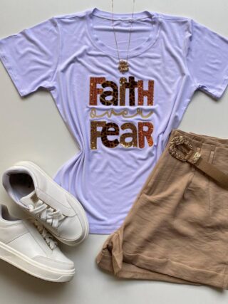 T-shirt Feminina Manga Curta Faith Over Fear Branca - Fernanda Ramos Store