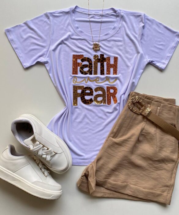 T-shirt Feminina Manga Curta Faith Over Fear Branca - Fernanda Ramos Store