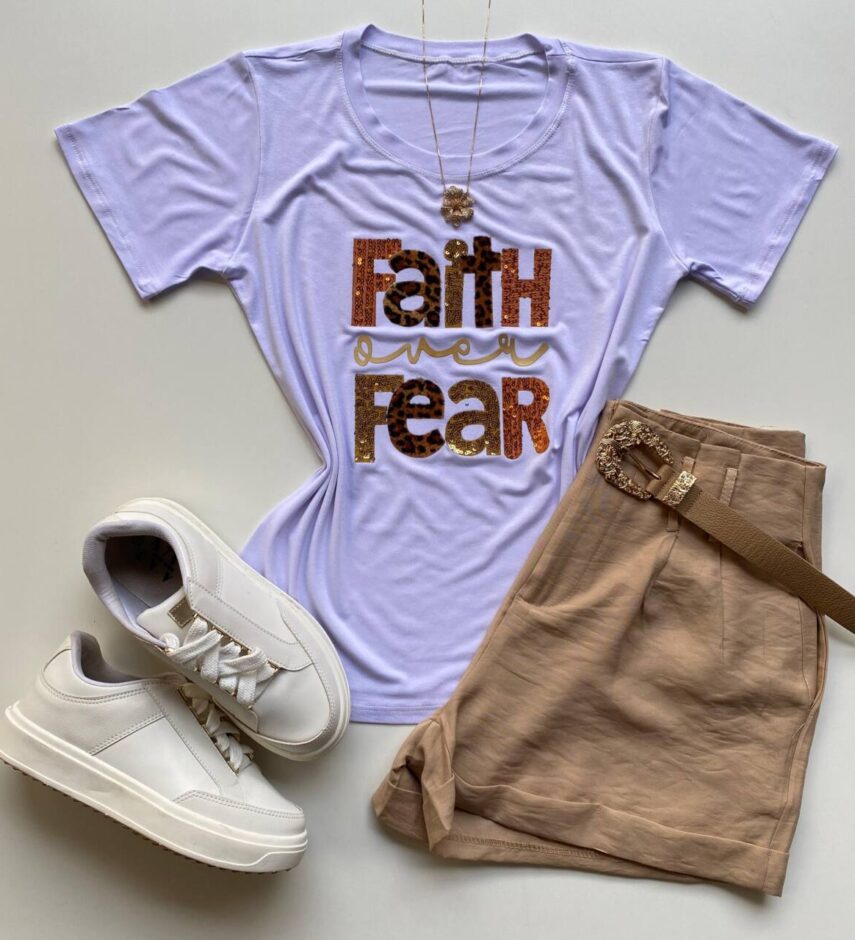T-shirt Feminina Manga Curta Faith Over Fear Branca - Fernanda Ramos Store