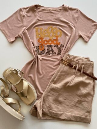 T-shirt Feminina Manga Curta Hello Good Day Bege Escuro - Fernanda Ramos Store