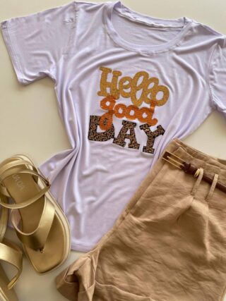 T-shirt Feminina Manga Curta Hello Good Day Branca - Fernanda Ramos Store