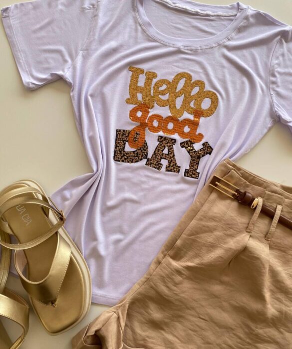 T-shirt Feminina Manga Curta Hello Good Day Branca - Fernanda Ramos Store