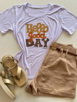 T-shirt Feminina Manga Curta Hello Good Day Branca - Fernanda Ramos Store