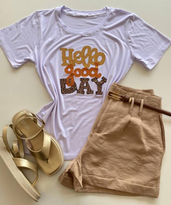 T-shirt Feminina Manga Curta Hello Good Day Branca - Fernanda Ramos Store