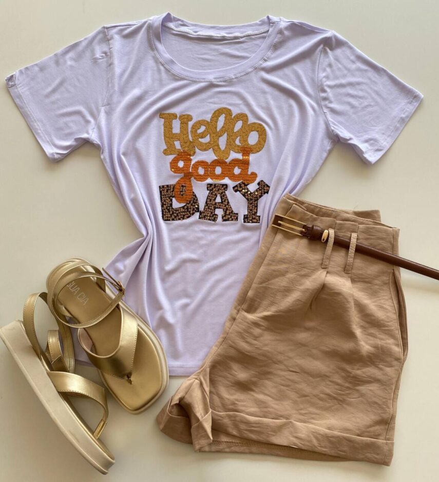 T-shirt Feminina Manga Curta Hello Good Day Branca - Fernanda Ramos Store