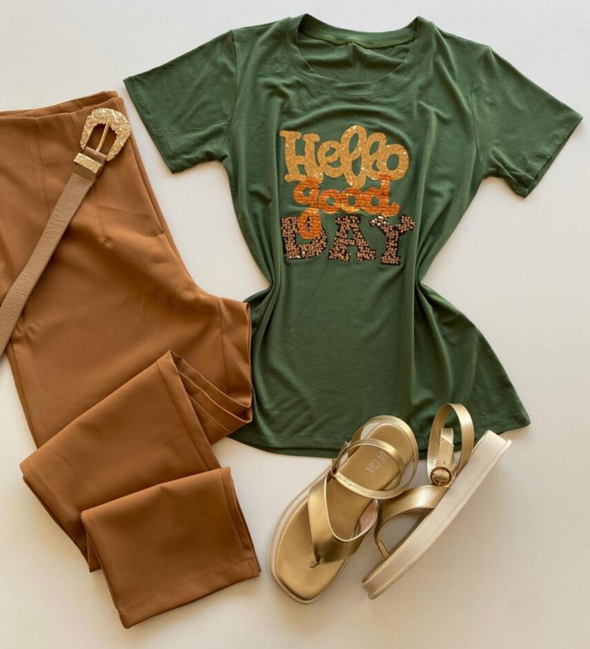 T-shirt Feminina Manga Curta Hello Good Day Verde - Fernanda Ramos Store