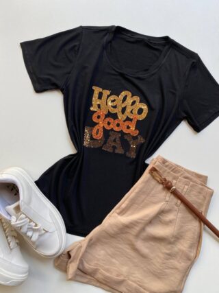 T-shirt Feminina Manga Curta Hello Good Day Preta - Fernanda Ramos Store