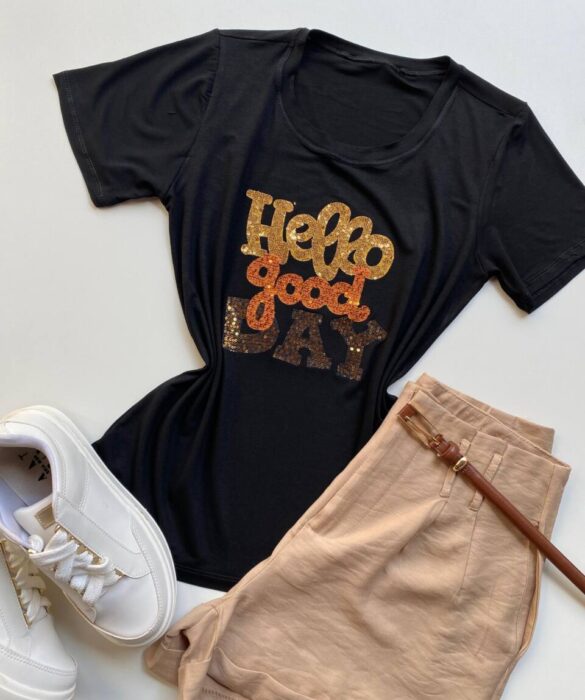 T-shirt Feminina Manga Curta Hello Good Day Preta - Fernanda Ramos Store