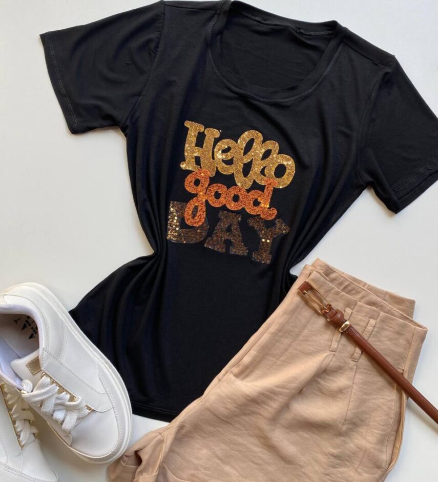 T-shirt Feminina Manga Curta Hello Good Day Preta - Fernanda Ramos Store